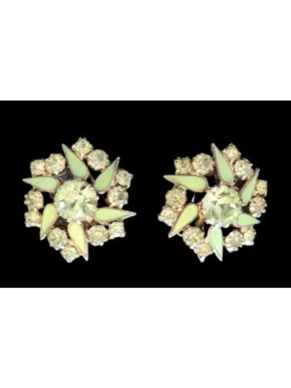 Rare Weiss Round Light Green, Mint, enamel Green Rhinestones Clip Earrings 1"